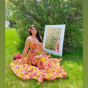Yellow and Pink Floral Open Back Maxi Dress